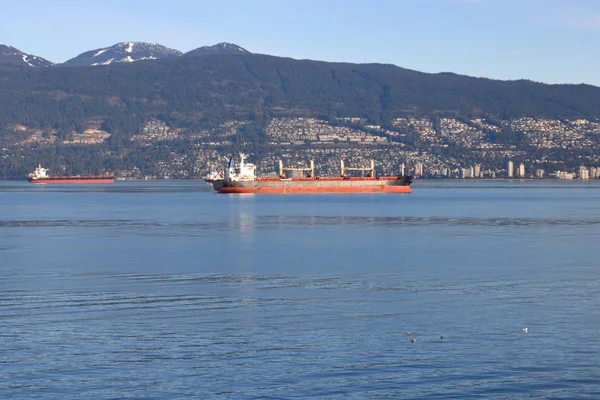 Cargo Freighters Wait Unload Vancouver English Bay Winter Months — Stock Photo, Image