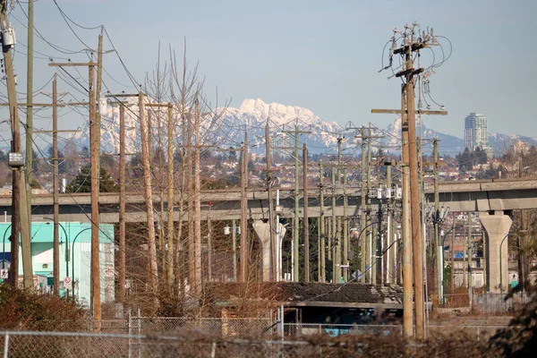 Forest Telephone Poles City Clutter Obscures Distant Snow Capped Mountains — Stock Photo, Image
