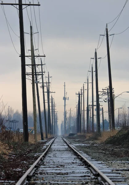 Koude Rechte Mening Van Een Spoorweg Bijhouden Die Zich Uitstrekt — Stockfoto