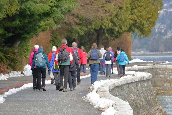 在2018年2月26日在加拿大温哥华 一组中年和资深徒步旅行者在斯坦利公园附近享受共同漫步 — 图库照片