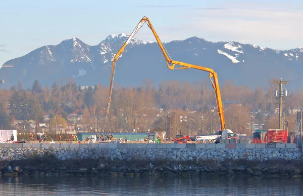 Pouring Cement Riverfront Construction Activity Vancouver Canada Fraser River March — Stock Photo, Image