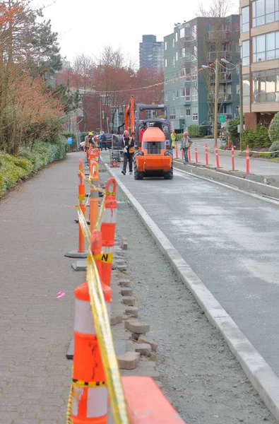 Gatan Besättningar Fortsätta Arbete Reparation Och Renovering Vägar Vancouver Kanada — Stockfoto