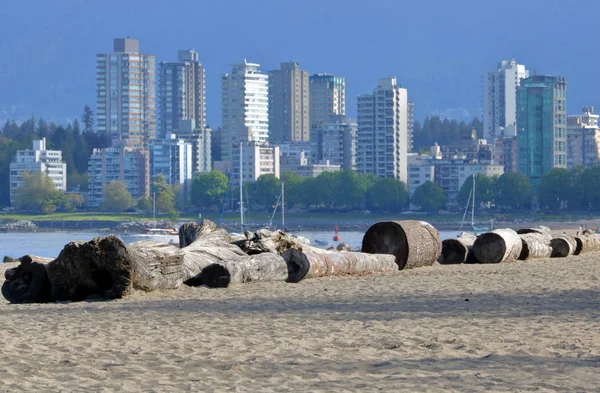 Distinkt Vancouver Stadens Silhuett Med Sand Och Loggar Som Kantar — Stockfoto