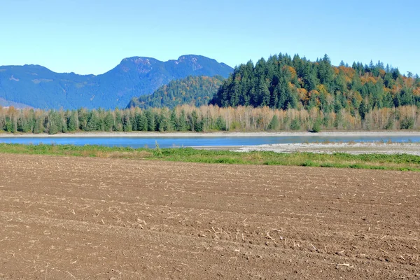 Amplia Vista Del Paisaje Las Tierras Agrícolas Frente Gran Río — Foto de Stock