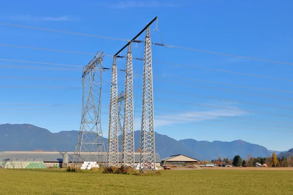 Kiz Kulelerin Kırsal Alanda Çalışan Büyük Bir Elektrik Şebekesinin Yakın — Stok fotoğraf