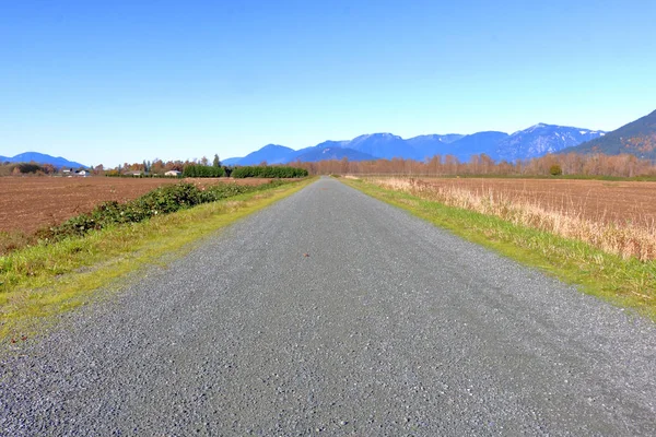 Wide View Straight Gravel Country Road Surrounded Farm Land Leading — Stock Photo, Image