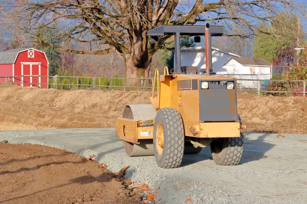 Full Reverse View Road Roller Used Leveling Gravel Construction Rural — Stock Photo, Image