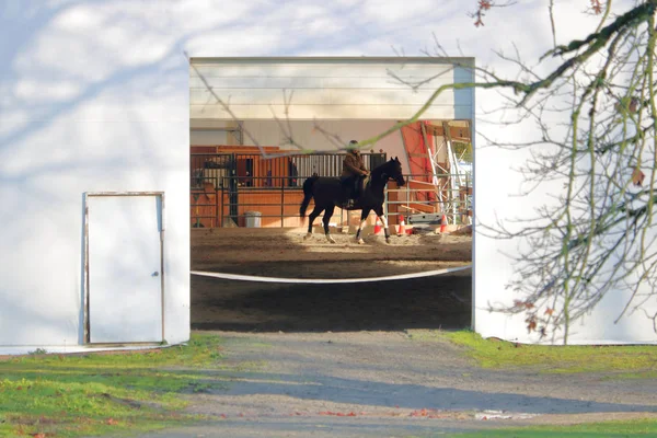 Vista Exterior Ampla Estábulo Equestre Equitação Treinamento Onde Vemos Cavaleiro — Fotografia de Stock