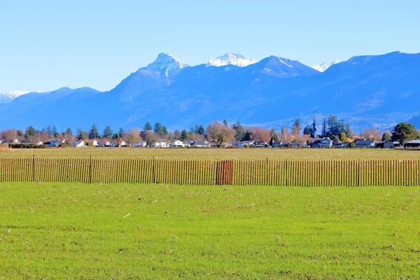 Vista Ampla Uma Cerca Neve Rural Erguida Campo Adjacente Periferia — Fotografia de Stock