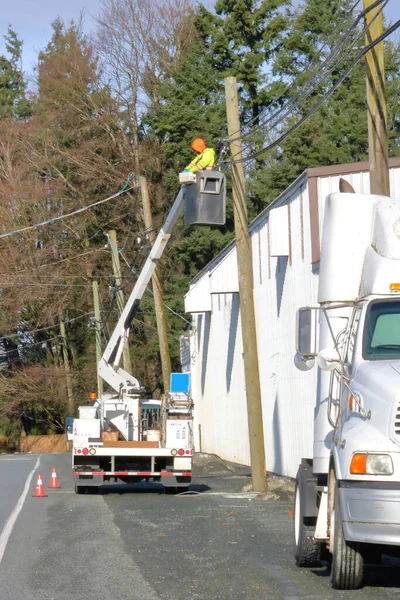 バケツと専門機器を使用して電話調査で損傷したラインを修復するために男性の広い垂直方向のビュー — ストック写真