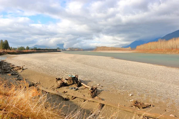 位于加拿大不列颠哥伦比亚省南部弗雷泽河沿岸暴露的沙洲上的废弃木材和碎片 就在每年的山雪融化过程中水位膨胀之前 — 图库照片