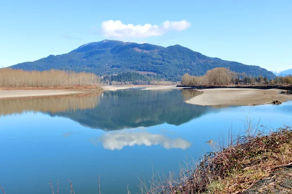 早春和晶莹光滑的水位反映并暴露了加拿大西南部弗雷泽山谷地区的沙质河床 — 图库照片