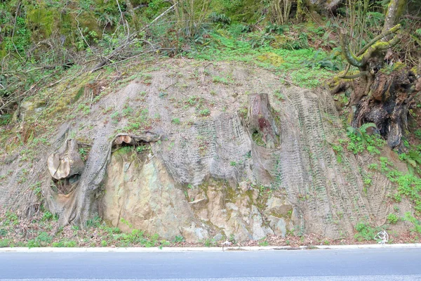 Netting Draped Steep Rock Embankment Help Stabilize Prevent Stone Debris — Stock Photo, Image