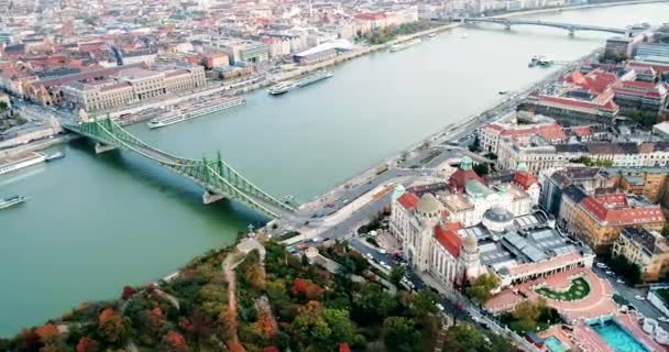 Hungry Budapest Liberty Bridge drone tram — Stock Video