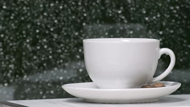 Kaffeetasse gegen Regen — Stockvideo