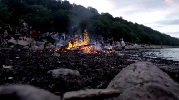 Sahilde şenlik ateşi yakılıyor ve bir grup insan arkadan toplanıyor. — Stok video