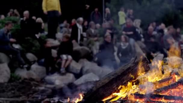 Nahaufnahme eines brennenden Lagerfeuers am Ufer, Menschen im Hintergrund — Stockvideo