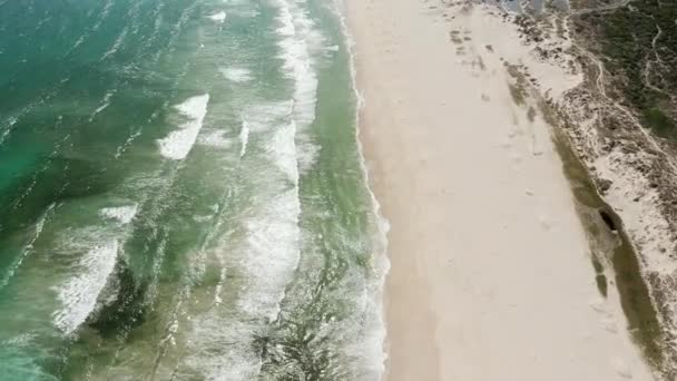 Luftaufnahme des weißen Sandstrandes zwischen Schwanken und Vegetation — Stockvideo