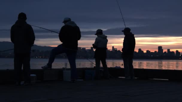 Evening Shot of Men Casting Their Rods into the Water and Catching a Small Fish — Stock Video
