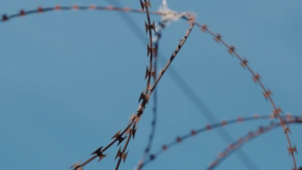 Fils barbelés contre le ciel bleu clair dans un gros plan 
