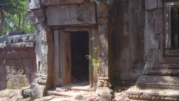 Мужчина-актер выходит из прохода в храме — стоковое видео