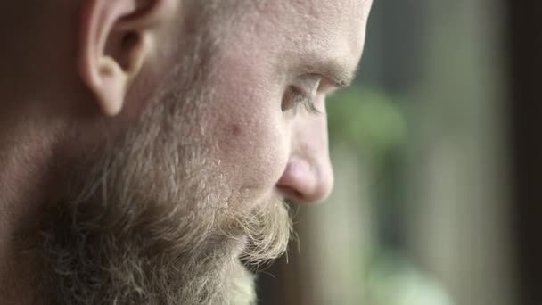 A következő profilja: egy szakállas férfi világos zöld szemekkel a közeli homályos háttérrel — Stock videók