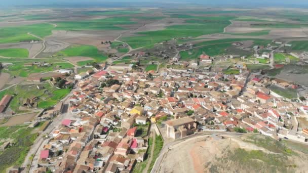 Lindo tiro aéreo de casas cercadas por campos lisos — Vídeo de Stock