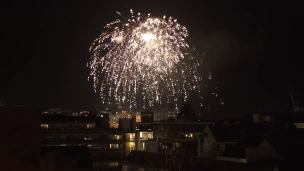 Fireworks Exploding Over City Rooves Into Night Sky — Stockvideo