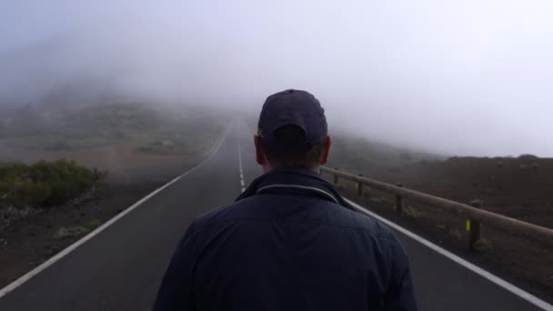 霧に向かって道路の真ん中を歩く男 — ストック動画