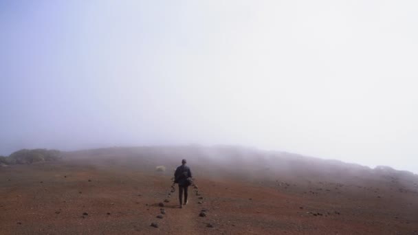 Hombre caminando a lo largo de tierra pedregosa bajo cielo brumoso — Vídeos de Stock