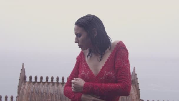 Sensual mujer posando en vestido rojo — Vídeo de stock