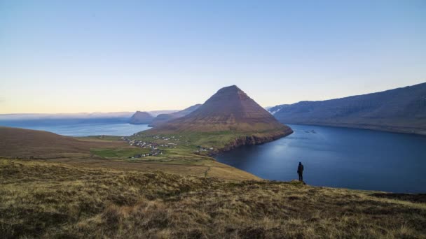 Figurka stojící v trávě s výhledem na fjord — Stock video