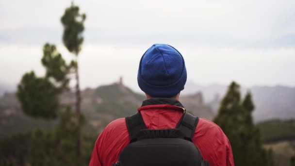Hombre en mochila mirando montañas — Vídeos de Stock