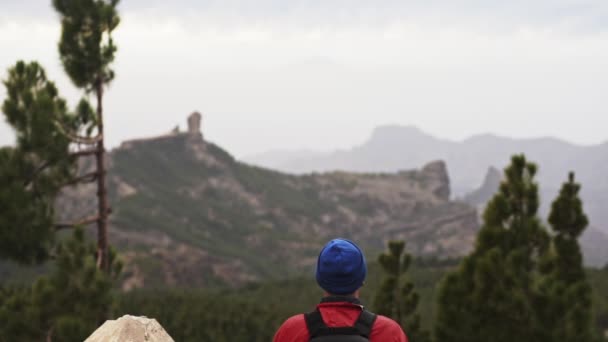 Человек в рюкзаке смотрит на горный пейзаж — стоковое видео