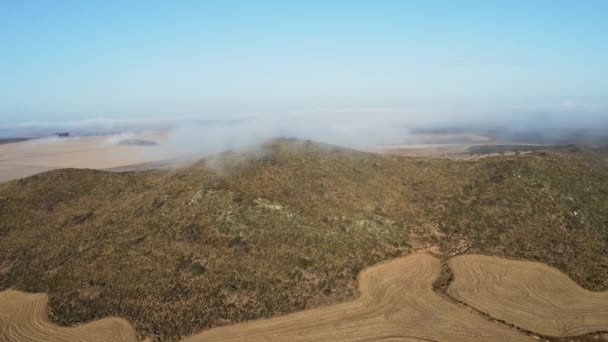 Tiro superior de campos llanos y valle con niebla gruesa en la parte superior — Vídeos de Stock
