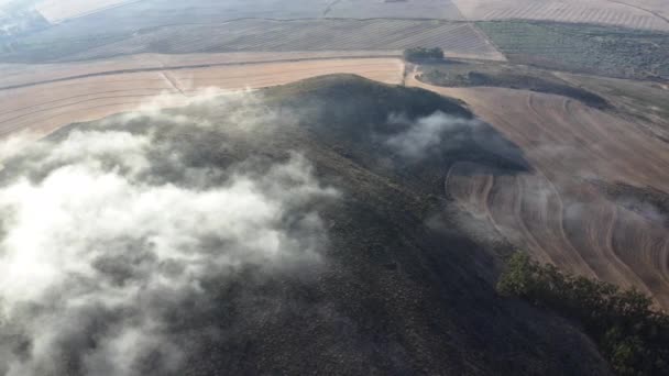 Drönare Skott av Plowed Land Fields och skog i berget — Stockvideo