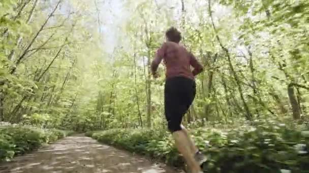 Seguindo Low-Angled tiro de mulher determinada correndo ao longo do caminho na floresta — Vídeo de Stock