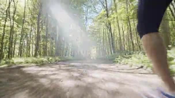 Tras el disparo del camino del bosque y una mujer en forma corriendo con árboles en segundo plano — Vídeos de Stock