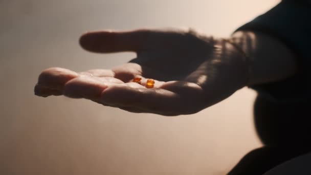 Shot van twee mooie en kleine amber zittend op een dameshandpalm — Stockvideo