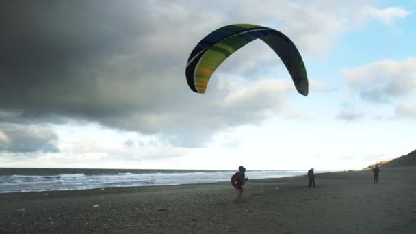 Man går med skärmflygning fallskärm på stranden — Stockvideo