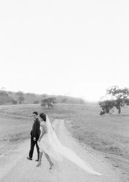 Casal recém-casado andando em campo — Fotografia de Stock