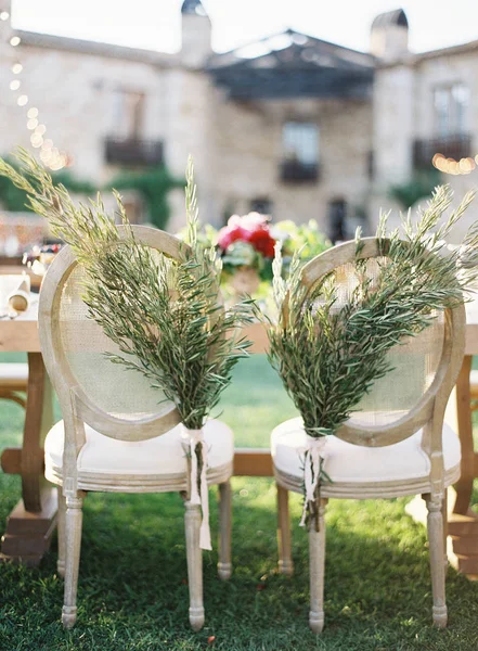 Chairs decorated with fresh cut branches — Stock Photo, Image