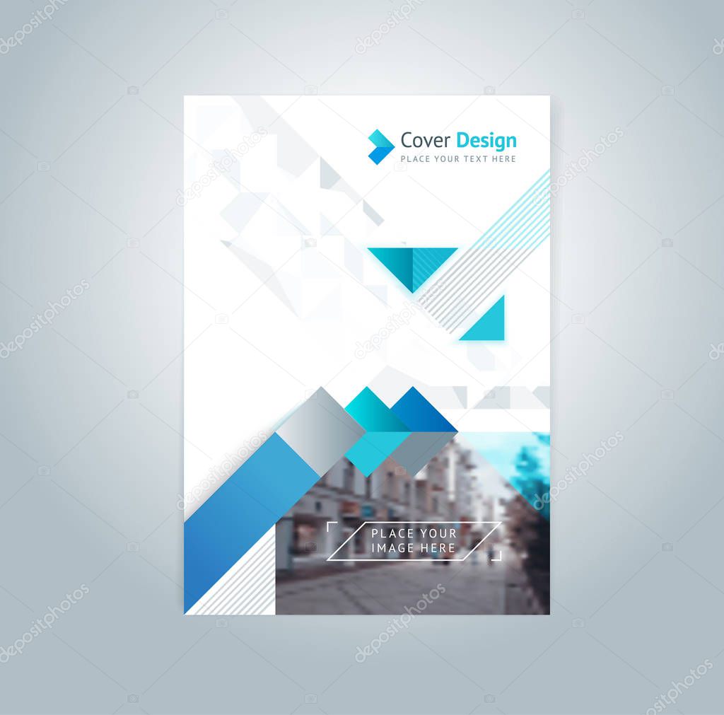 Brochure template layout, cover design annual report, magazine with polygonal triangles, stripes and texture with space for photo, text and logo. Vector illustration in modern flat style