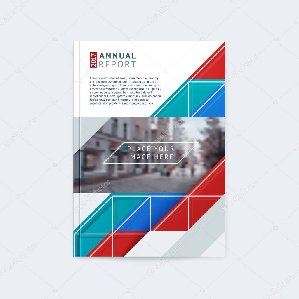 Brochure template layout, cover design annual report, magazine with polygonal triangles, stripes and texture with space for photo, text and logo. Vector illustration in modern flat style