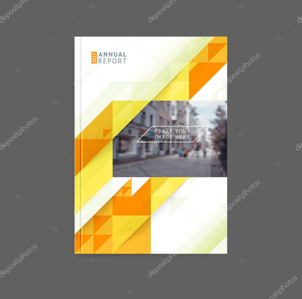 Brochure template layout, cover design annual report, magazine with polygonal triangles, stripes and texture with space for photo, text and logo. Vector illustration in modern flat style
