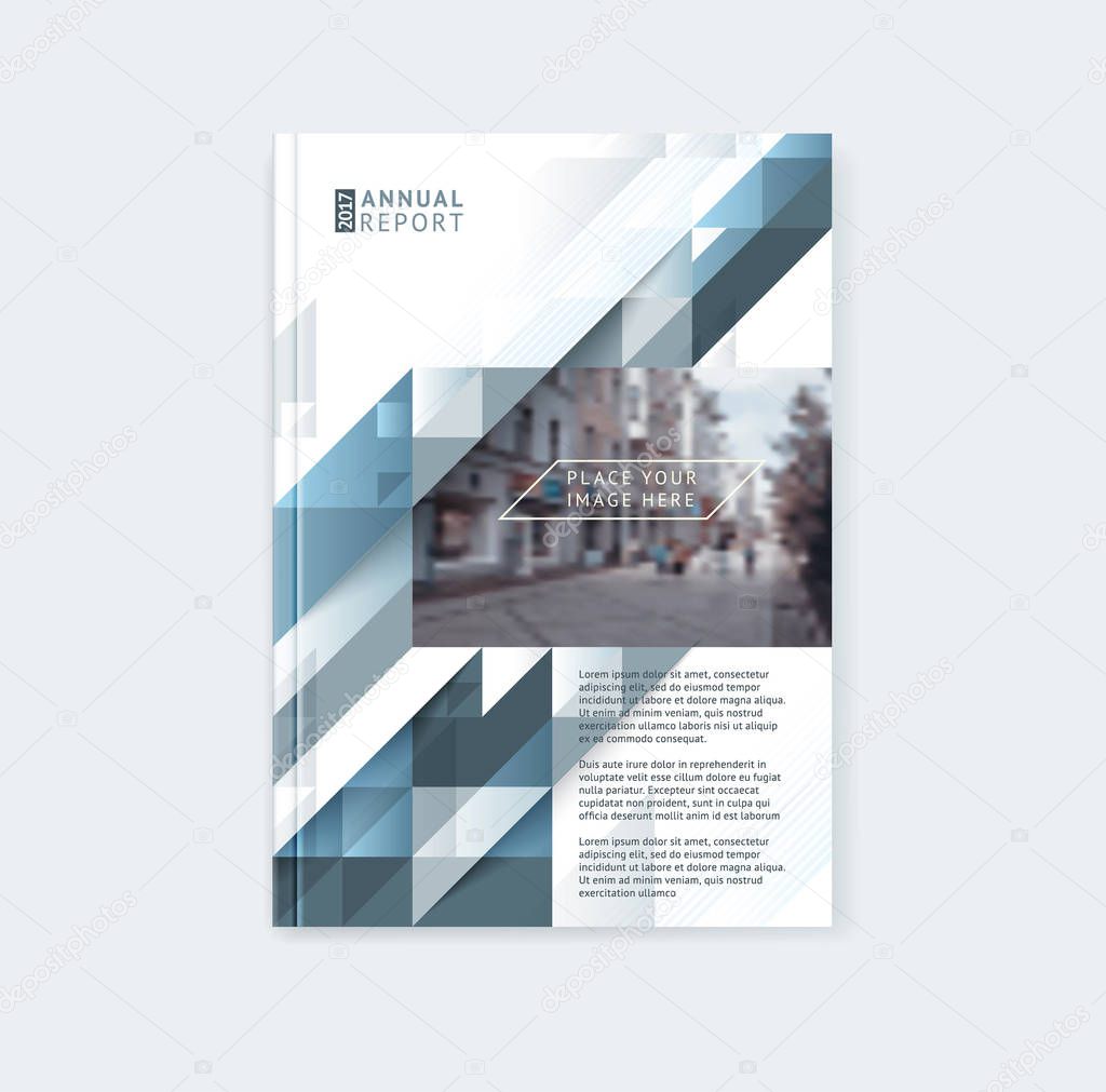 Brochure template layout, cover design annual report, magazine with polygonal triangles, stripes and texture with space for photo, text and logo. Vector illustration in modern flat style