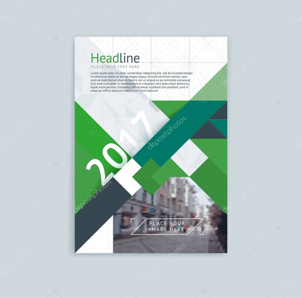 Brochure template layout, cover design annual report, magazine with polygonal triangles, stripes and texture with space for photo and logo. Vector illustration in modern flat style
