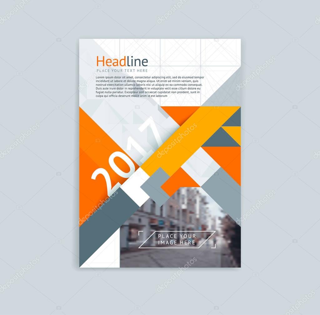 Brochure template layout, cover design annual report, magazine with polygonal triangles, stripes and texture with space for photo and logo. Vector illustration in modern flat style