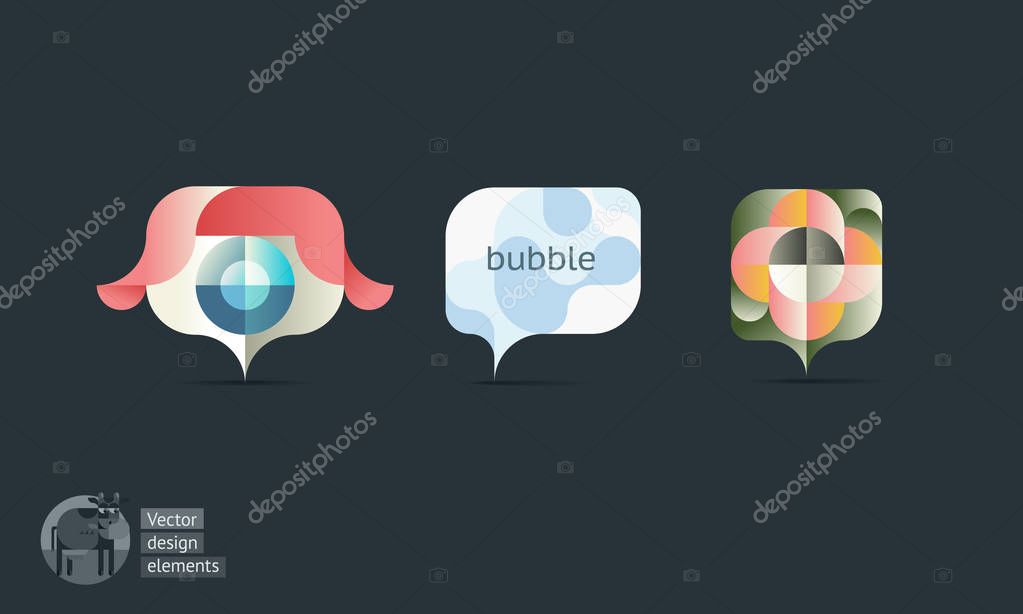 A set of three vector icons eye labels, flower, bubble in the modern style with flat gradients and shadows. Template for Youth flyer, brochure, website.