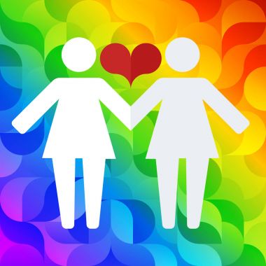 Sembollerin lezbiyen kadın lgbt bayrak ve kalpleri bir arka plan üzerinde elele. 